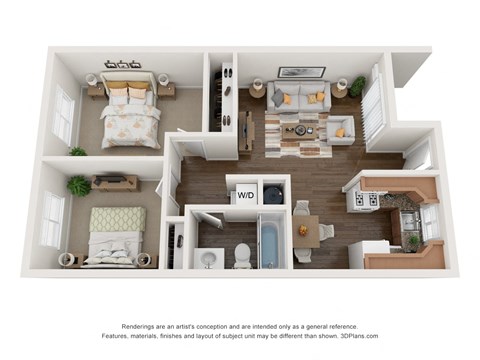Floor plan for 2 beds, 1 bath, 649 sqft